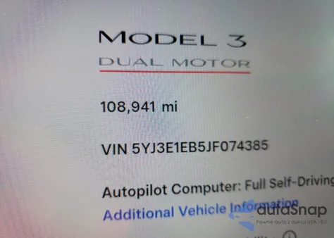 2018 Tesla Model 3 z USA, uszkodzony, nr VIN 5YJ3E1EB5JF074385